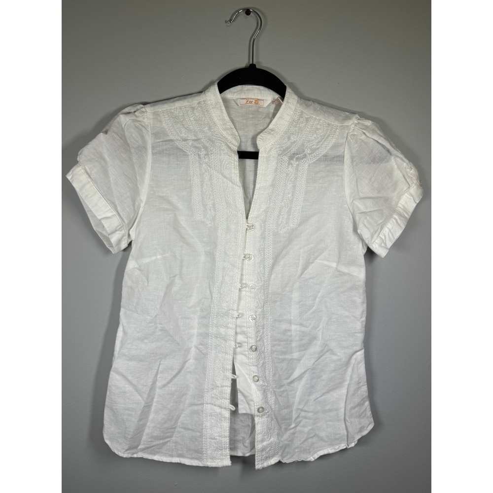 Cottage Core Zoe D. White Linen Blend Button Down Blouse